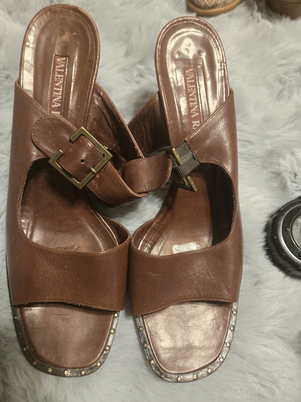Valentina Rangoni Italy Brown Leather Buckle Square Toe Mule Heels Size 8